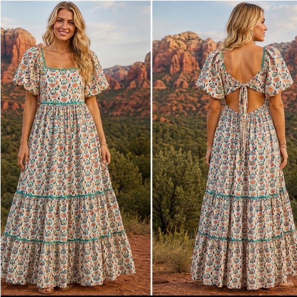 In Loom Maxi Dress M Womens White Green Pink Excellent Design Open Back Tiered